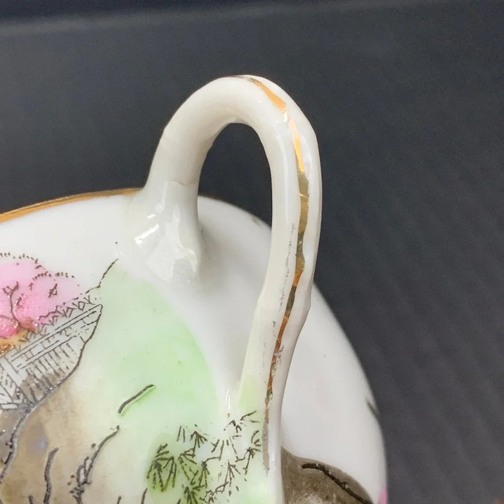 Vintage Made in Japan Porcelain Tea Cups‎ Set of 2 Painted Landscape Gold Trim